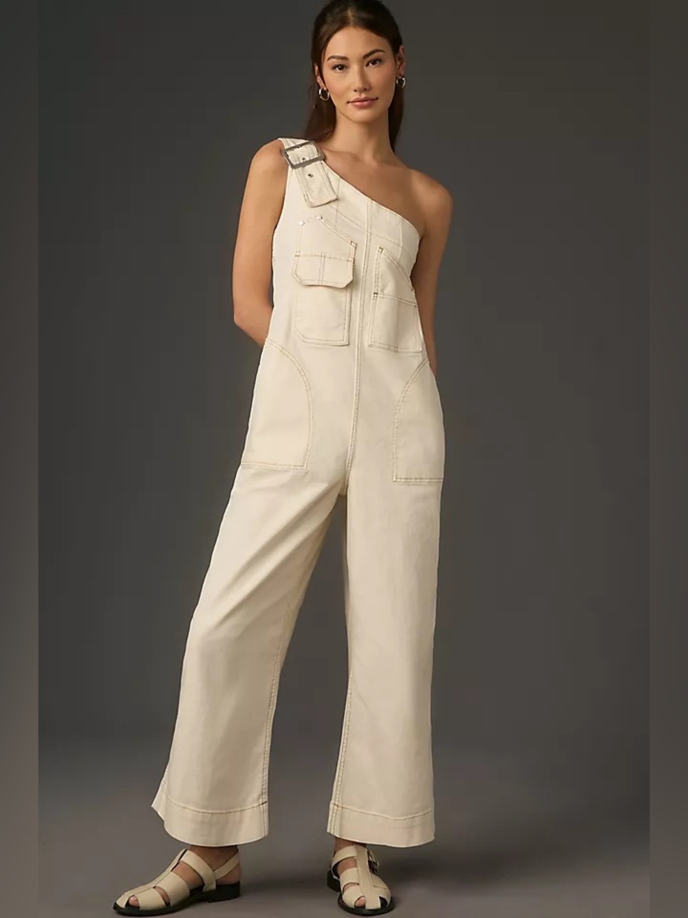 Anthropologie Pilcro One Shoulder Utility Overalls in Cream Size S
